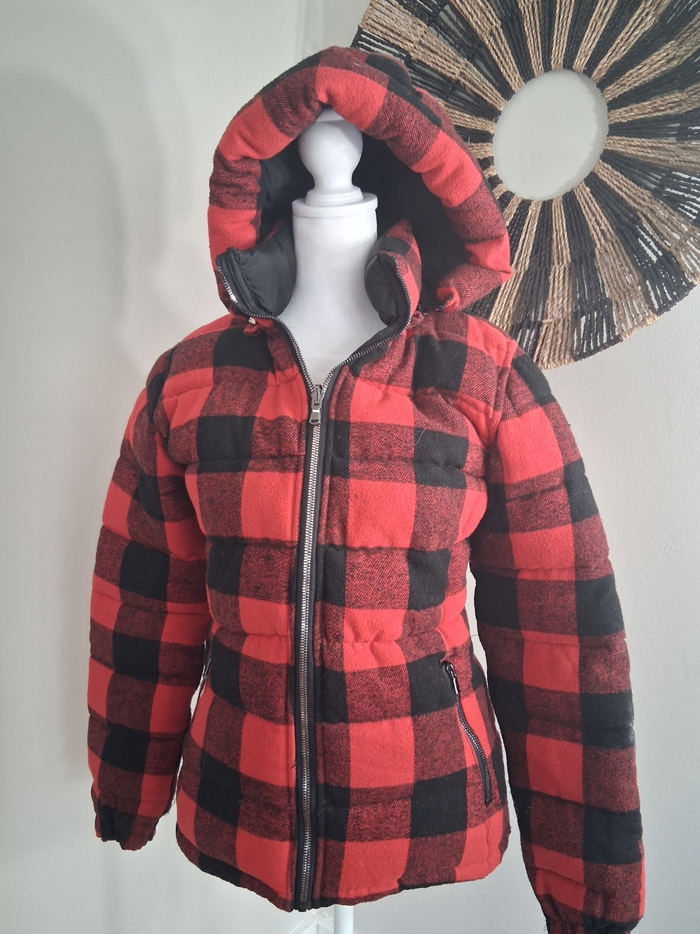 Kids Red & Black Plaid Hooded Puffer Jacket